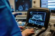 A medical professional is operating a machine in a hospital room to provide essential healthcare services, Portable ultrasound device in use, AI Generated