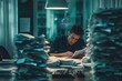 A man sitting at a desk surrounded by stacks of papers, engaged in work, Portraying the tension and pressure during tax season in an accounting firm, AI Generated