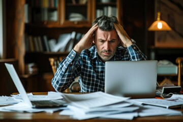 Poster - A man sitting at a table engrossed in working on his laptop, Portraying the tension and pressure during tax season in an accounting firm, AI Generated