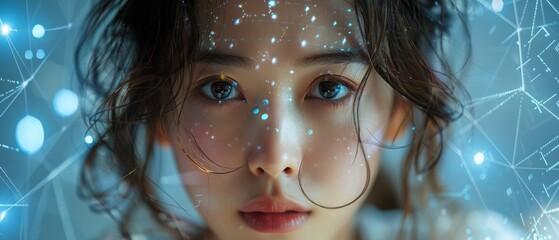 Aufkleber - The concept of staying up-to-date with the latest technology in a fast-moving world. A young Asian woman is using an innovative future technology to view her phone data and functions in a holographic