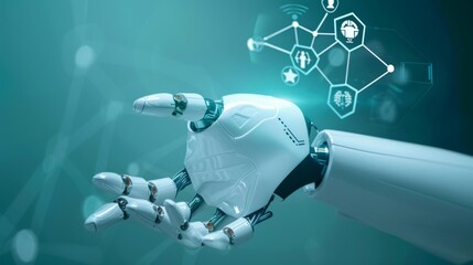 Aufkleber - Robot hand AI artificial intelligence assistance for medical healthcare practices operation surgical performance, with graphical icon display blue banner background in unity with human and AI concept.