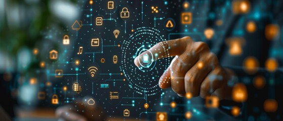 Fototapete - Concept of Internet of Things (IoT). Businessman presses IoT symbol connected with common IoT icons. Intelligent house, car, camera, watch, washing machine.