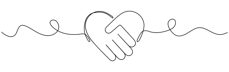 Wall Mural - Handshake in heart shape continuous wave line drawing. Shaking hands with love concept. Business deal linear symbol. Vector illustration isolated on white background.