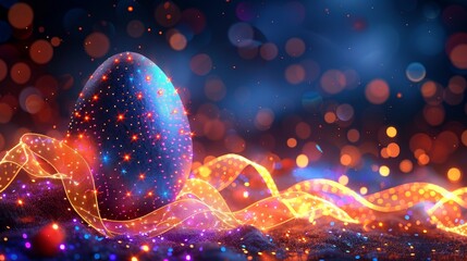 Leinwandbilder - Digital Easter banner with neon ribbon decorating the egg. Modern illustration in the style of night and technology.