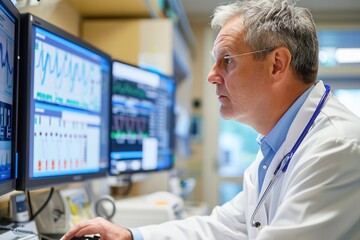 Poster - A man wearing a lab coat intently analyzes data on a computer screen in a scientific laboratory, Remote patient monitoring system in use, AI Generated
