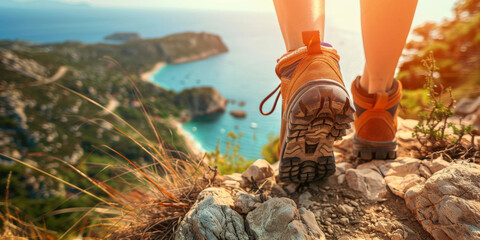 personne faisant une randonnée avec des chaussures de marche en bord de mer sur un sentier littoral