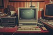 An image of an old computer placed on top of a wooden desk, Retro image of an old computer setup, AI Generated