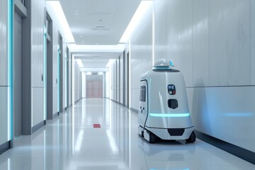 Poster - A robot is seen walking down a lengthy hallway inside a building, Robot delivering medication in a hospital corridor, AI Generated