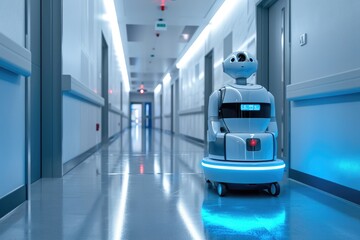 Poster - A robot is seen walking down a hallway in a hospital, navigating its way through the busy environment, Robot delivering medication in a hospital corridor, AI Generated