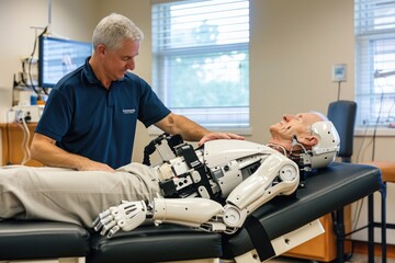 Poster - A man wearing a blue shirt is seen touching a robot in this factual and straightforward image, Robot-assisted physical therapy for a stroke patient, AI Generated