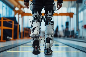 Poster - A person is seen walking along a conveyor belt inside a factory, Robotic exoskeleton helping a paralyzed person to walk, AI Generated
