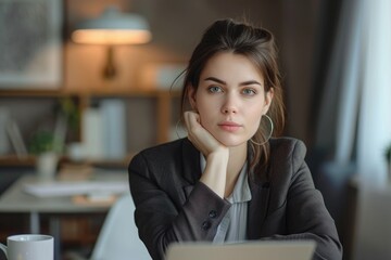 Poster - A woman sitting in front of a laptop computer, working or studying, Serious female executive contemplating at her desk, AI Generated