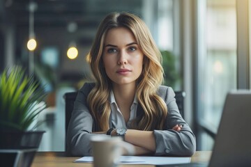 Poster - A woman sitting at a table working on a laptop computer, Serious female executive contemplating at her desk, AI Generated