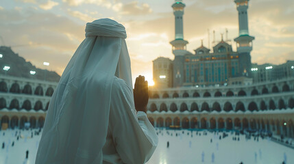 Wall Mural - muslim praying in front of khaana kaaba, eid, hajj , pilgrim praying, eid greeting 