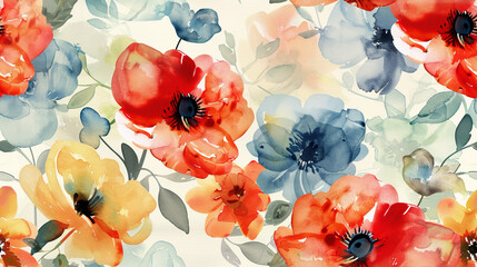 A seamless background featuring crimson and blue poppies with watercolor effect, perfect for fabric and wallpaper designs