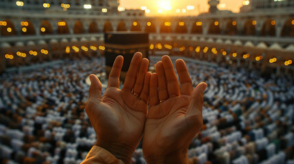 Wall Mural - man hands praying in front of muslims holy kaaba  , Jeddah, Saudi Arabia , Muslim Pilgrims at The Kaaba in The Haram Mosque of Mecca , Saudi Arabia, praying to GOD 