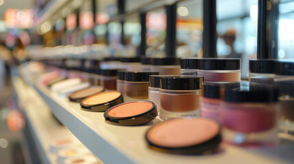 a vibrant display of various makeup products on shelves in a retail store, focusing on the beauty an
