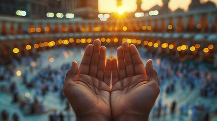 Wall Mural - man hands praying in front of muslims holy kaaba  , Jeddah, Saudi Arabia , Muslim Pilgrims at The Kaaba in The Haram Mosque of Mecca , Saudi Arabia, praying to GOD 