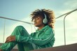 a woman in green sportssuit leaning on railing while listening to music