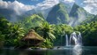 Exquisite tropical vista showcasing a wooden bridge nestled amidst verdant greenery. Seamless Looping 4k Video Animation
