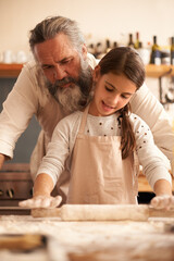 Sticker - Girl, child and grandfather for cooking with dough for baking and teaching with support, helping or rolling pin. Family, senior man or grandchild with cake preparation in home for bonding or learning