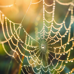  A macro photograph of dewdrops glistening on a spider web, highlighting the intricacies of nature's design