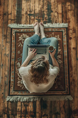 Wall Mural - Woman Using Laptop Computer on Wooden Floor