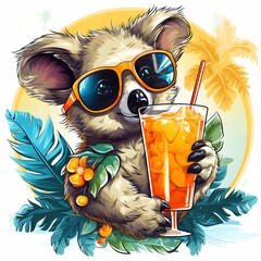 Wall Mural - Cool funny summer animal. Koala on the beach with a cocktail. Vacation with animals. Summer vibe. Summer T-shirt print