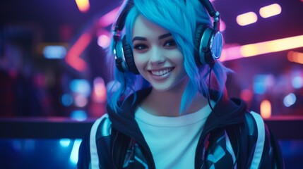 Poster - Portrait of a beautiful Gamer-Streamer girl, a young cyberpunk cosplayer, a woman with headphones, white hair, looking at the camera in a neon-lit game room. Cyber Sports, Esports, Hobby concepts.