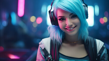 Poster - A beautiful Gamer-Streamer girl, a young cyberpunk cosplayer, a woman with headphones, white hair, looking at the camera in a neon-lit game room. Cyber Sports, Esports, Hobby concepts.