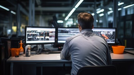 Automotive engineer sitting in front of a computer monitoring control car factory work desk