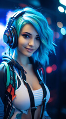 Poster - Portrait of a beautiful young Gamer-Streamer, Blogger, cyberpunk cosplayer girl with headphones, blue hair, looking at the camera in a neon-lit game room. Cyber Sports, Esports, Hobby concepts.