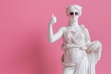 gypsum statue in sunglasses against pink background