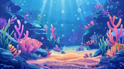 Wall Mural - An underwater scene with corals, stones, and algae. Cartoon modern illustration of sandy bottom of a sea, ocean, or aquarium covered with bubbles.