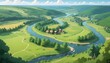 A tranquil countryside landscape with winding rivers and lush forests surrounding Dobroslav village, capturing the beauty of rural Ukraine in anime style.