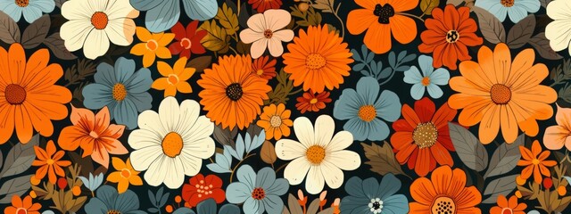 Wall Mural - 70s style floral background, 70s retro pattern and colors