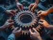 Hands holding a gear cog in a symbol of teamwork and unity. Business teamwork and industrial concept. Design for corporate teamwork poster, business presentation, and technology innovation material