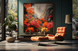 Nature-inspired decor: interior with cozy armchair and a colorful picture with flowers on the wall.