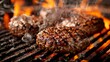 Juicy beef hamburger patties sizzling over hot flames on the barbecue.