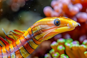 Sticker - Vibrant Orange and Yellow Striped Dragonet Fish in Colorful Coral Reef Aquarium Environment