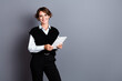 © deagreez - Photo of cheerful lovely lady financier wear stylish outfit use ipad report presentation empty space isolated on gray color background