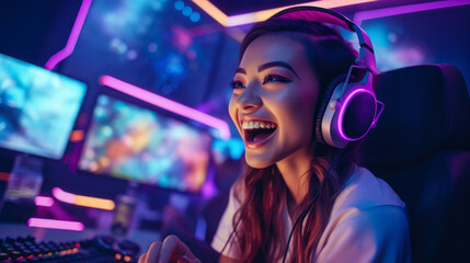 Poster - A smiling Young Asian girl, a Gamer streamer with headphones, playing video games, Leading an Online Broadcast, rejoicing at Victory in a room with neon lighting. Cyber Sports, Team Games, Esports.