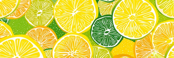 Wall Mural - Juicy citrus fruits pattern with cartoon slices of lime, lemon and orange - wallpaper background
