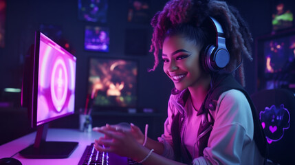 Poster - A stylish happy Young Girl, a Gamer streamer with headphones, playing video games, Leading an Online Broadcast in a room with neon lighting. Cyber Sports, Team Games, Esports, Hobby concepts.
