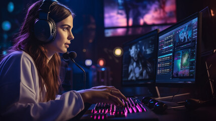 Poster - Side view of a Young Woman, a Gamer streamer with headphones, playing video games, Broadcasting Online in a room with neon lighting. Cyber Sports, Team Games, Esports, Hobby concepts.