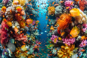 Wall Mural - Vibrant Underwater Ecosystem with Tropical Fish and Colorful Coral Reefs in Crystal Clear Blue Water