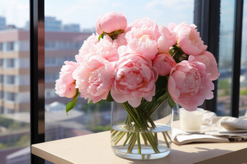 Wall Mural - Vase with beautiful gerbera flowers on a table.