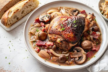 Wall Mural - Gourmet Coq au Vin with Rich Wine Sauce and Mushrooms