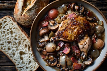 Wall Mural - Coq au Vin: Succulent Chicken with Mushrooms, Bacon, and Wine Sauce