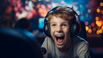 Poster - A Happy Emotional Teenage Boy, a Gamer streamer with headphones, playing video games, Leading an Online Broadcast, looks at the camera at home. Cyber Sports, Team Games, Esports, Hobby concepts.
